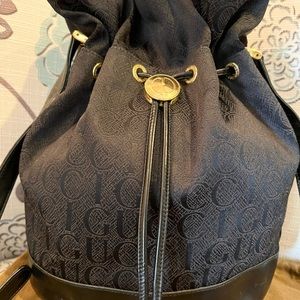 Gucci medium black leather tapestry bucket elegant shoulder bag/RARE